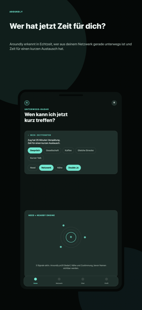 Home-Screen mit Unterwegs-Radar und Need + Nearby Engine