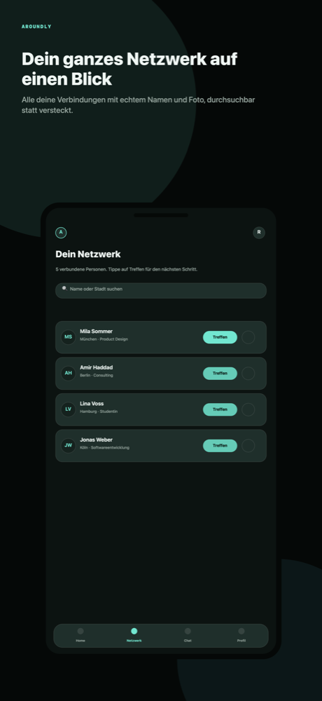 Netzwerk-Screen mit echten Verbindungen und Treffen-Button